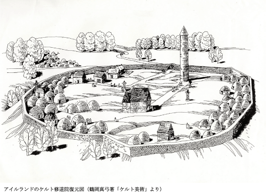 アイルランドのケルト修道院復元図（鶴岡真弓著「ケルト美術」より）